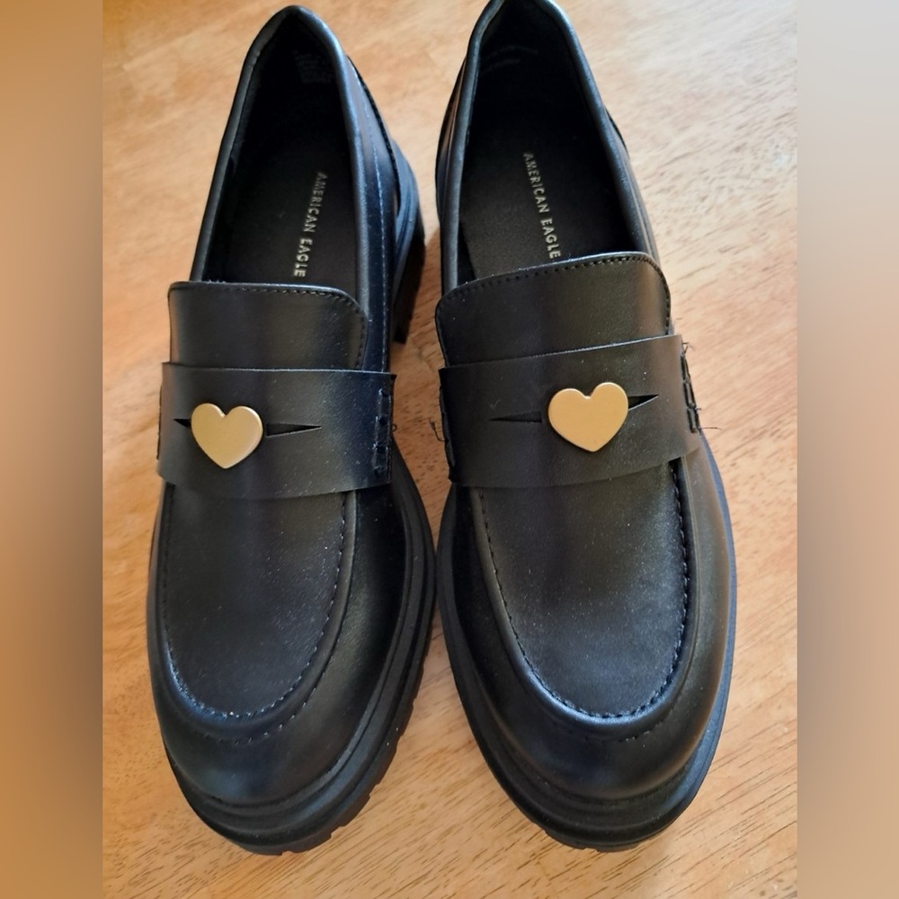Black Loafers with Gold Heart Accent